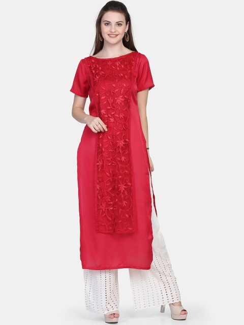 

Ojjasvi Women Maroon Embroidered Straight Kurta
