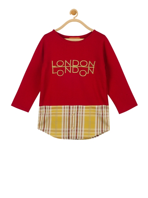 

Olele Girls Red & Yellow Self Design Round Neck T-shirt