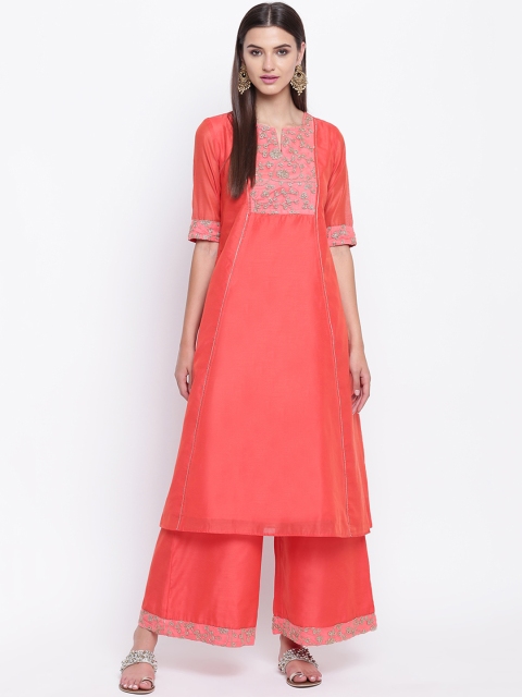 

Shakumbhari Women Peach-Coloured Embroidered Kurta with Palazzos