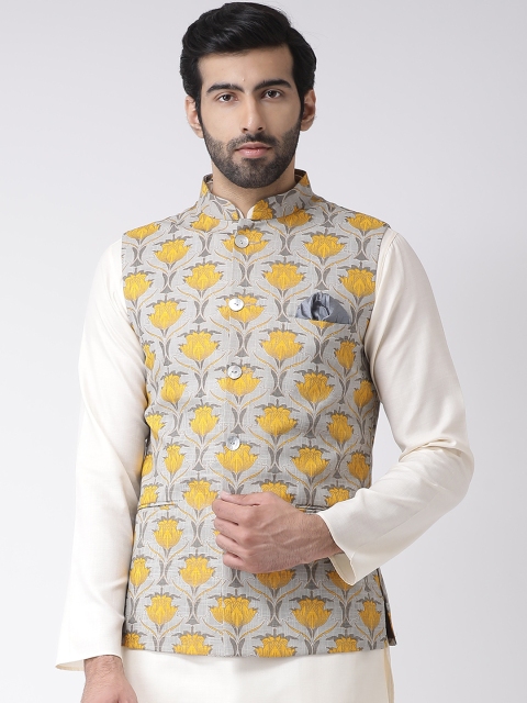

KISAH Men Grey & Yellow Printed Pure Cotton Nehru Jacket