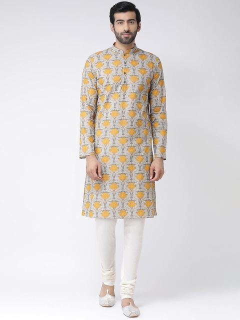 

KISAH Men Grey & Yellow Printed Kurta with Churidar