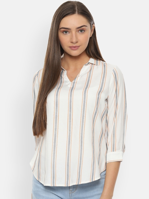 

Van Heusen Woman Cream-Coloured & Orange Striped Shirt Style Top