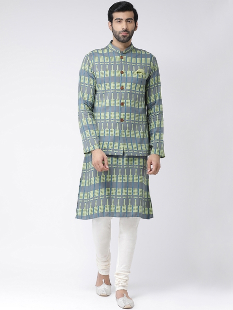 

KISAH Men Green & White Printed Kurta with Churidar