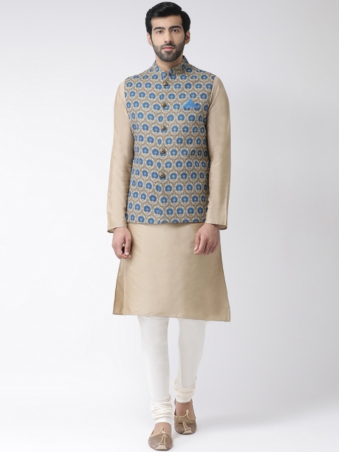 KISAH Men Beige & Blue Solid Kurta with Churidar