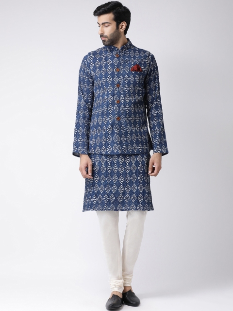 

KISAH Men Blue & White Printed Kurta Set & Jacket