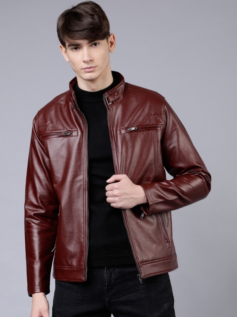 

LOCOMOTIVE Men Burgundy Solid Biker Jacket