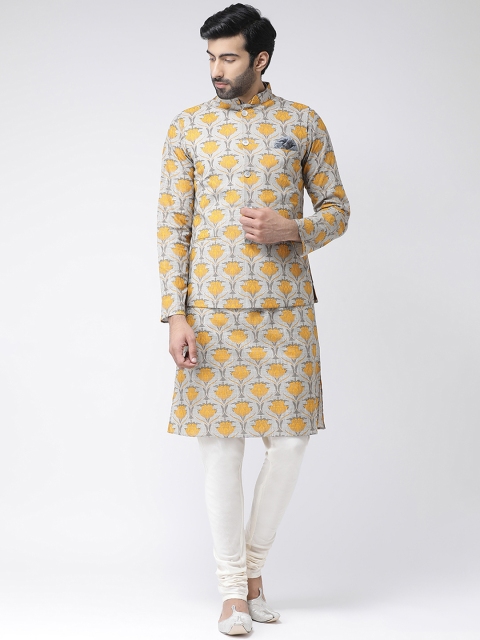

KISAH Men Grey & Yellow Printed Kurta with Churidar