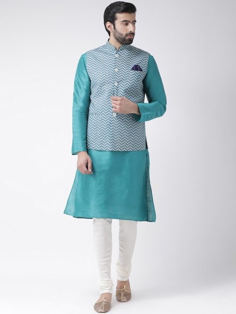 

KISAH Men Sea Green & White Printed Kurta with Churidar & Nehru Jacket