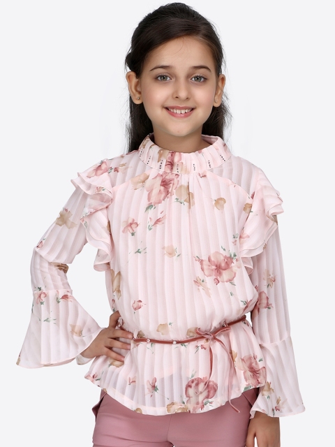 

CUTECUMBER Girls Peach-Coloured Printed Cinched Waist Top