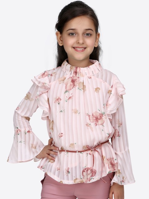 

CUTECUMBER Girls Peach-Coloured Printed Cinched Waist Top