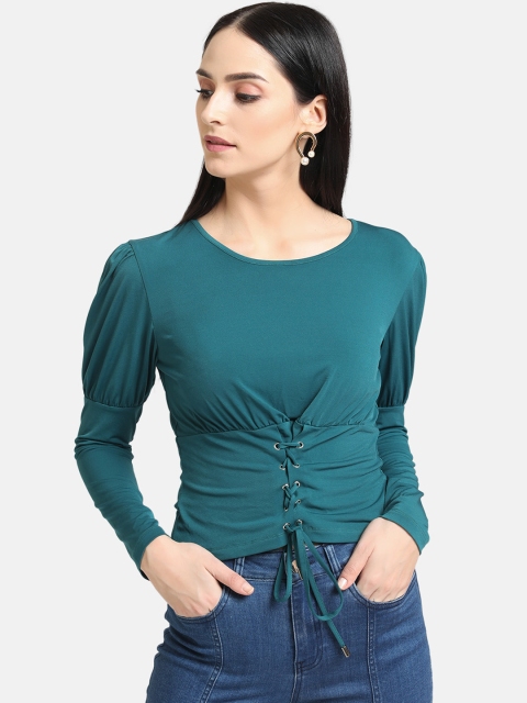 

Kazo Women Teal Solid Cinched Waist Top