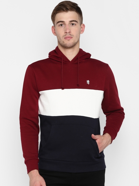 

Red Tape Men Maroon & Navy Blue Colourblocked Hooded Sweatshirt