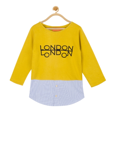 

Olele Girls Yellow Self Design Round Neck T-shirt