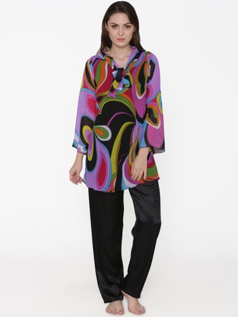 

Private Lives Women Black & Lavender Printed Night suit