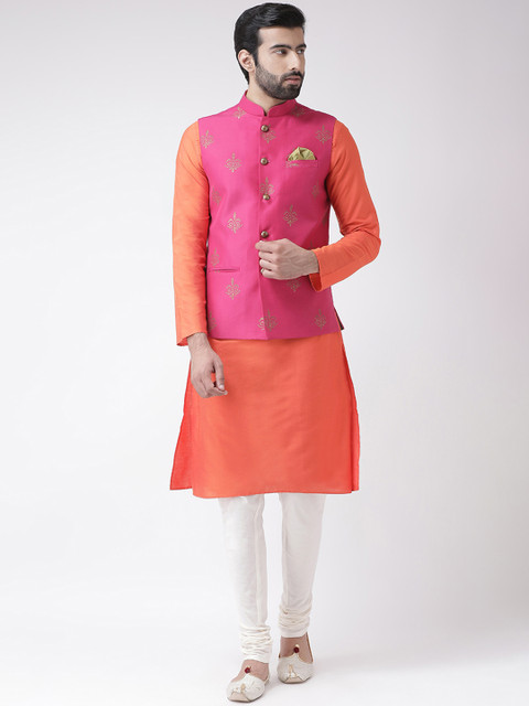 

KISAH Men Coral Orange & White Solid Kurta Set & Nehru Jacket