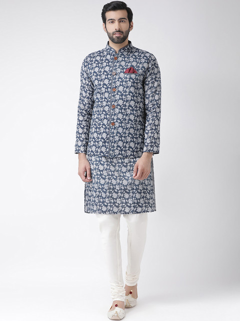 

KISAH Men Blue & Grey Floral Printed Kurta with Churidar & Nehru Jacket