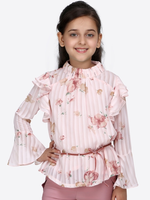 

CUTECUMBER Girls Peach-Coloured Printed Cinched Waist Top