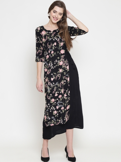 

Sera Women Black & Olive Green Printed Fit and Flare Dress