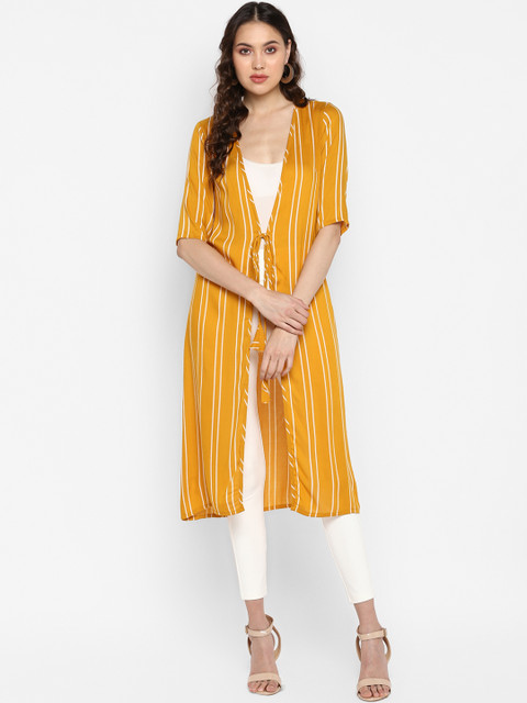 

Color Cocktail Women Yellow & White Striped Longline Tie-Up Shrug