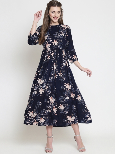 

Sera Women Navy Blue Floral Print Fit and Flare Dress