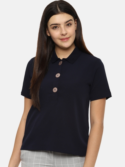 

Van Heusen Women Navy Blue Solid Polo Collar T-shirt