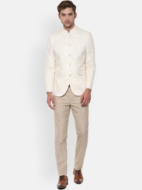 

Van Heusen Men Cream-Coloured & Beige Self Design Slim-Fit Bandhgala Suit