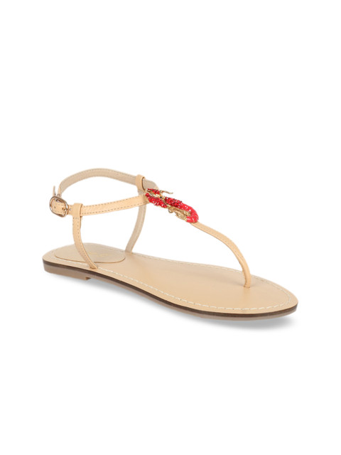 

Saint G Women Beige Solid Leather T-Strap Flats
