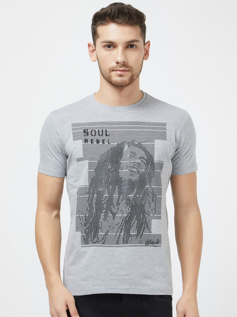

Status Quo Men Grey Slim Fit Bob Marley Printed Round Neck Pure Cotton T-shirt