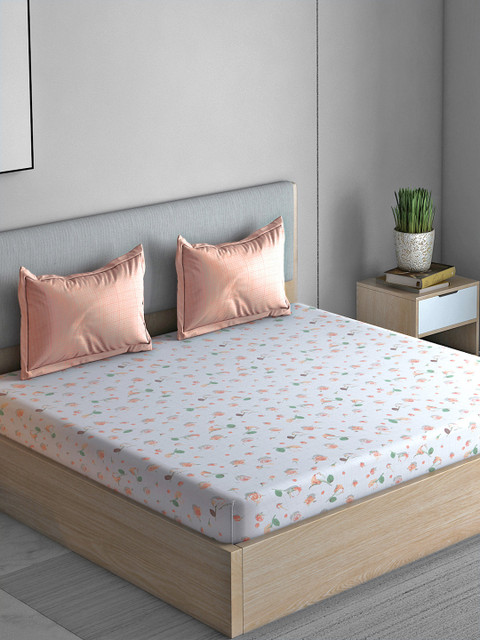 

Boutique Living India Peach-Coloured & Grey Floral 210 TC Cotton 1 Queen Bedsheet with 2 Pillow Covers