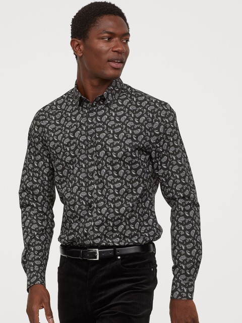 

H&M Men Black Printed Easy-Iron Shirt Slim Fit