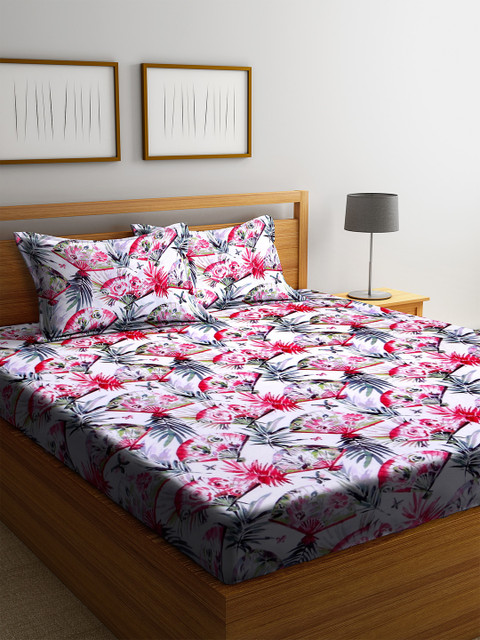 

BOMBAY DYEING Red & White Floral 180 TC Cotton 1 King Bedsheet with 2 Pillow Covers