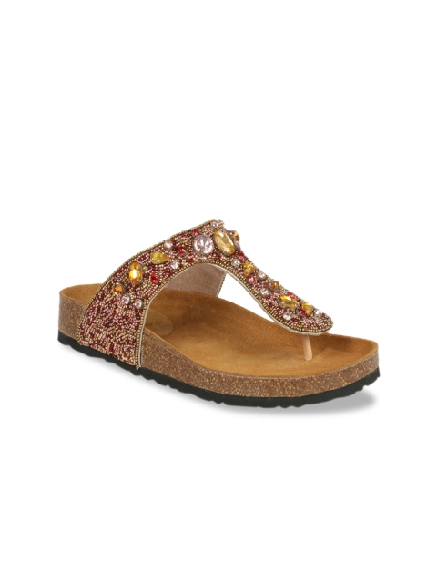 

Saint G Women Tan Brown Embellished Leather T-Strap Flats