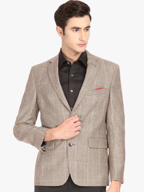 

SUITLTD Men Brown Checked Woollen Single-Breasted Blazer