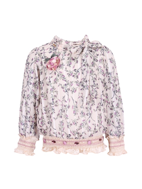 CUTECUMBER Girls Cream-Coloured & Pink Printed Blouson Top