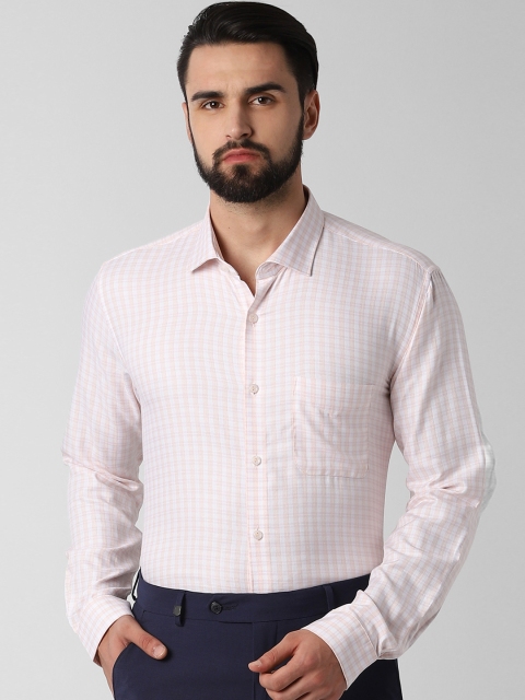 

Peter England Men Peach-Coloured & White Regular Fit Checked Formal Shirt