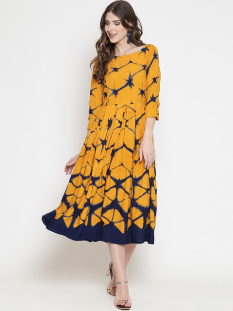 

Sera Women Dyed Mustard Yellow & Grey Fit and Flare Dress