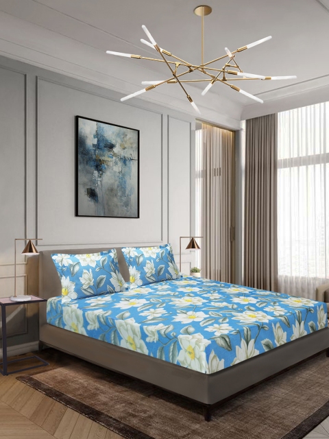 

Aura Blue Floral 140 TC Polyester 1 Queen Bedsheet with 2 Pillow Covers