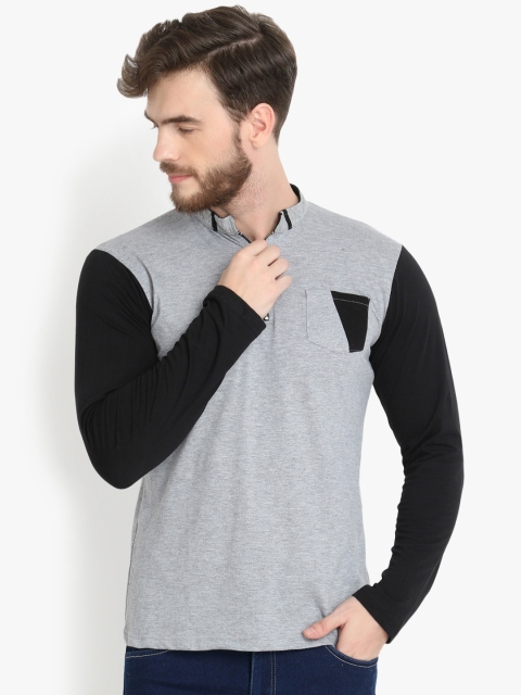 

ZALLEN Men Grey Solid Mandarin Collar T-shirt