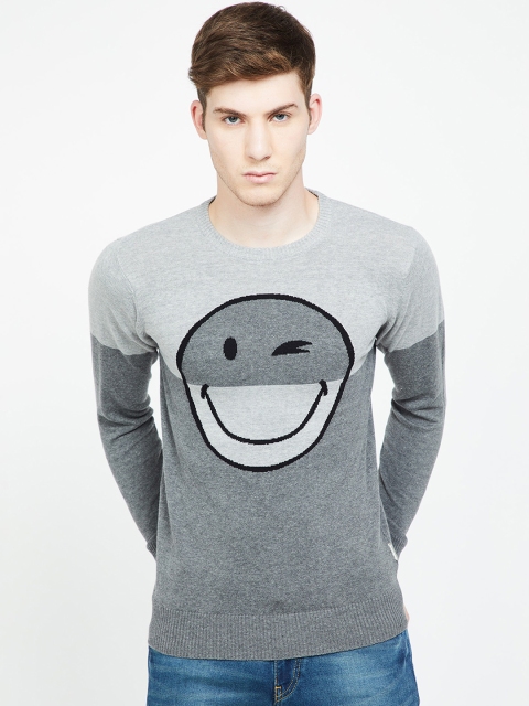 

Smiley World Men Grey & Black Colourblocked Sweater