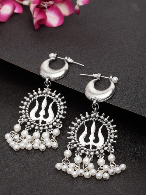 

Moedbuille Silver-Plated Handcrafted Antique Temple Design Oxidised Drop Earrings