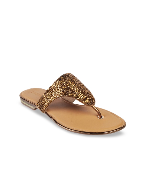 

SOLE HEAD Women Gold-Toned Embellished Textured T-Strap Flats