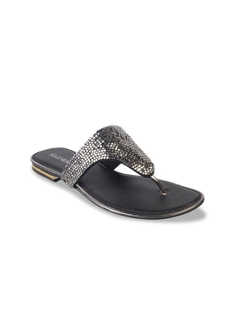 

SOLE HEAD Women Black Textured Embellished T-Strap Flats