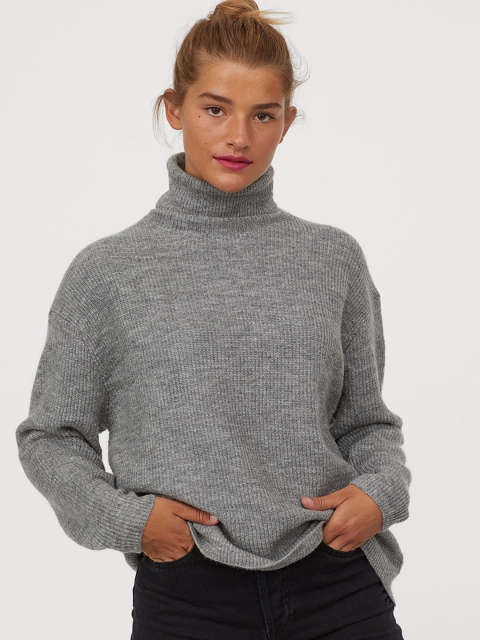 

H&M Women Grey Solid Knitted Polo-Neck Jumper