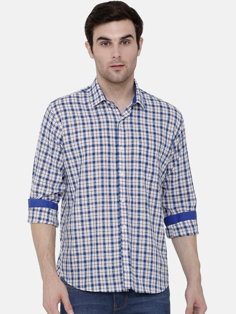

CAVALLO by Linen Club Men Cotton Linen White & Blue Regular Fit Checked Casual Shirt