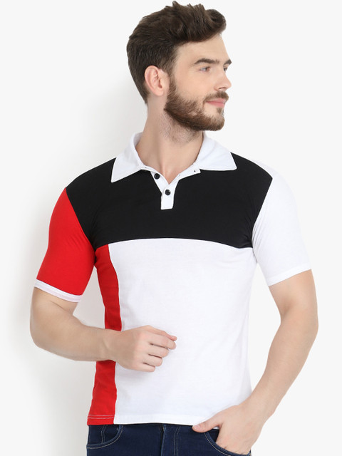 

ZALLEN Men White Colourblocked Polo Collar T-shirt