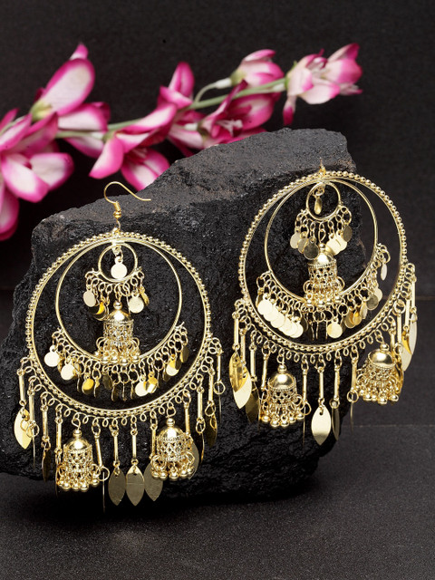 

Moedbuille Gold-Toned & Brass-Plated Handcrafted Afghan Tasselled Dome Shaped Jhumkas