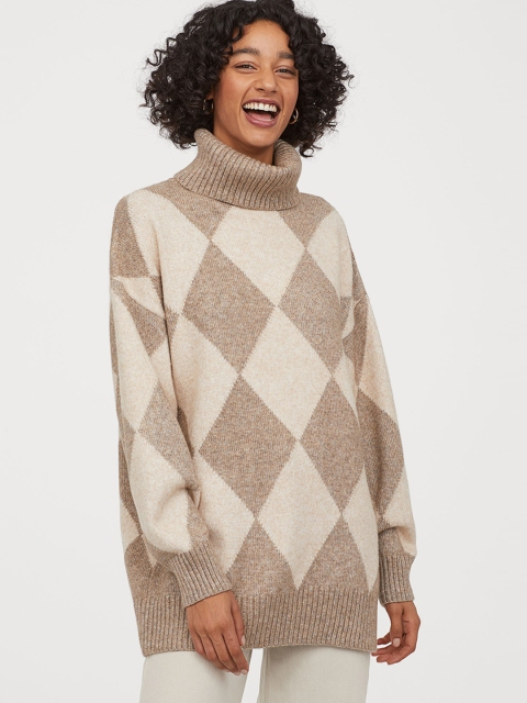 

H&M Women Jacquard-Knit Polo-Neck Jumper, Beige
