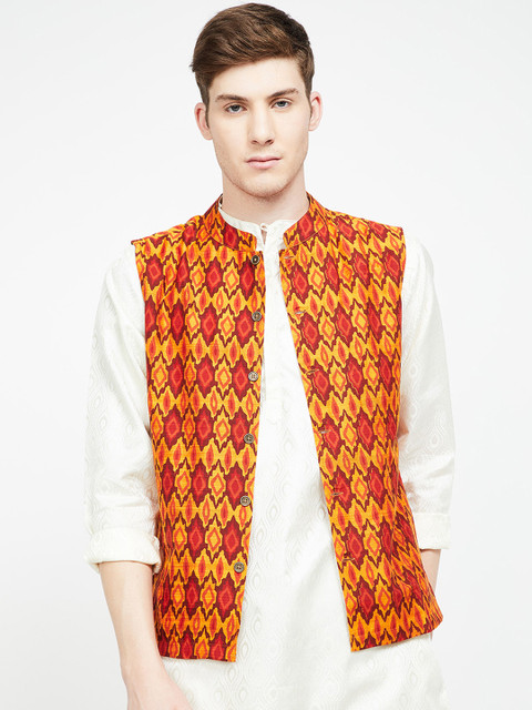 

Melange Men Maroon & Yellow Printed Nehru Jacket
