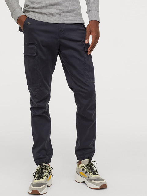 

H&M Men Navy Blue Solid Cotton Cargo Trousers