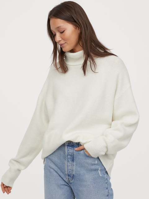 

H&M Women White Fine-Knit Polo-Neck Jumper